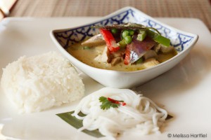 Green Curry Chicken with rice and noodles