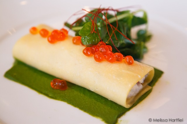 Chilled Dungeness Crab Cannelloni with English Pea puree, Meyer lemon, mint and topped with Skuna Bay Salmon Caviar.